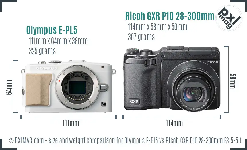 Olympus E-PL5 vs Ricoh GXR P10 28-300mm F3.5-5.6 VC size comparison