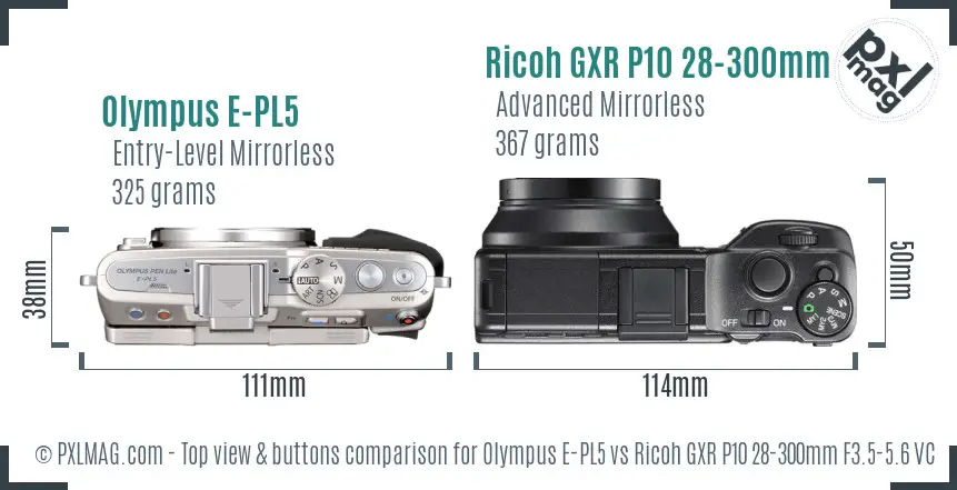 Olympus E-PL5 vs Ricoh GXR P10 28-300mm F3.5-5.6 VC top view buttons comparison