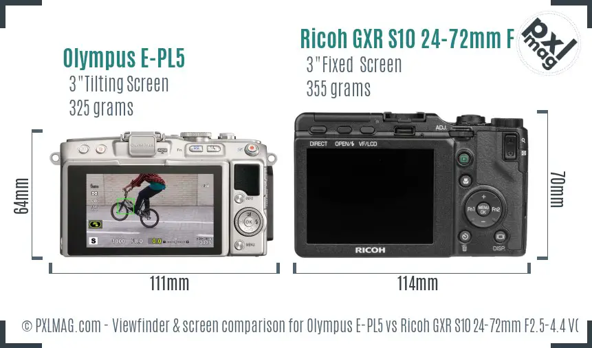 Olympus E-PL5 vs Ricoh GXR S10 24-72mm F2.5-4.4 VC Screen and Viewfinder comparison
