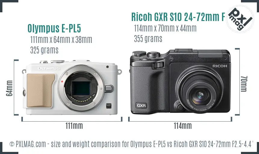 Olympus E-PL5 vs Ricoh GXR S10 24-72mm F2.5-4.4 VC size comparison
