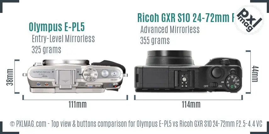 Olympus E-PL5 vs Ricoh GXR S10 24-72mm F2.5-4.4 VC top view buttons comparison
