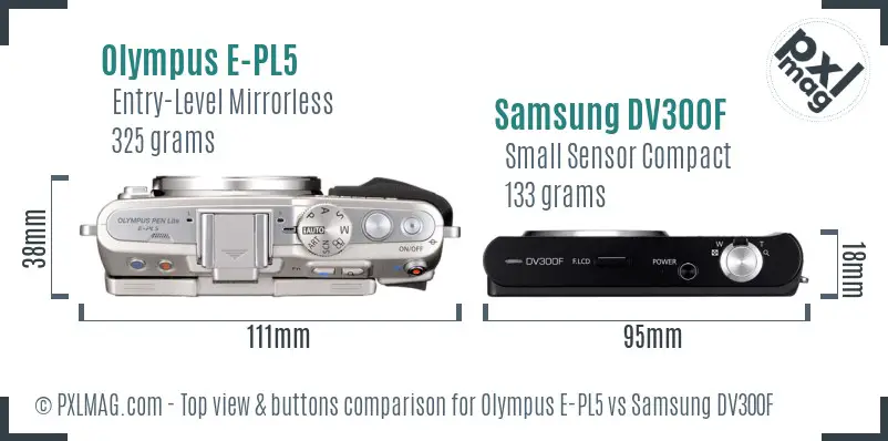Olympus E-PL5 vs Samsung DV300F top view buttons comparison Olympus E-PL5 vs Samsung DV300F top view buttons comparison