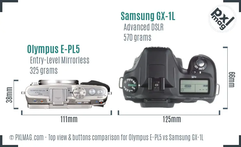 Olympus E-PL5 vs Samsung GX-1L top view buttons comparison Olympus E-PL5 vs Samsung GX-1L top view buttons comparison