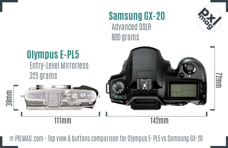 Olympus E-PL5 vs Samsung GX-20 top view buttons comparison