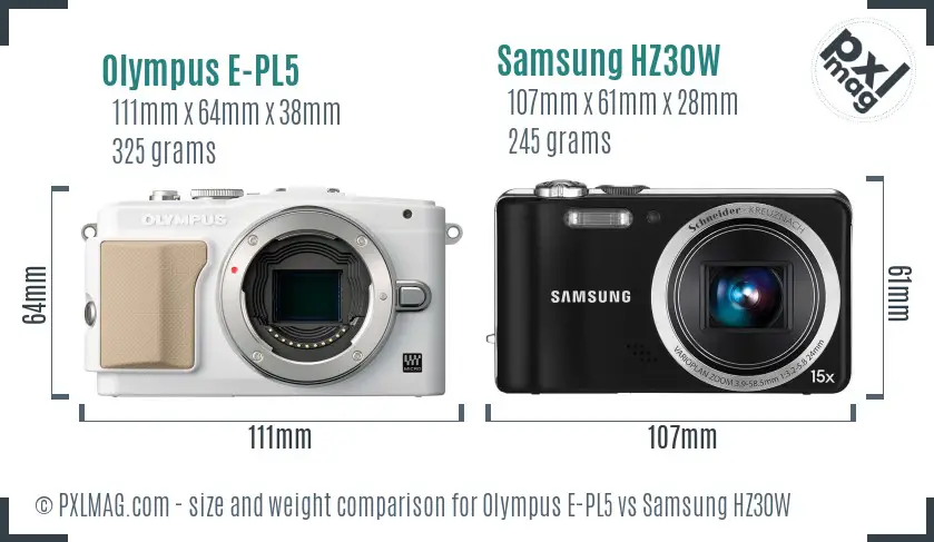 Olympus E-PL5 vs Samsung HZ30W size comparison