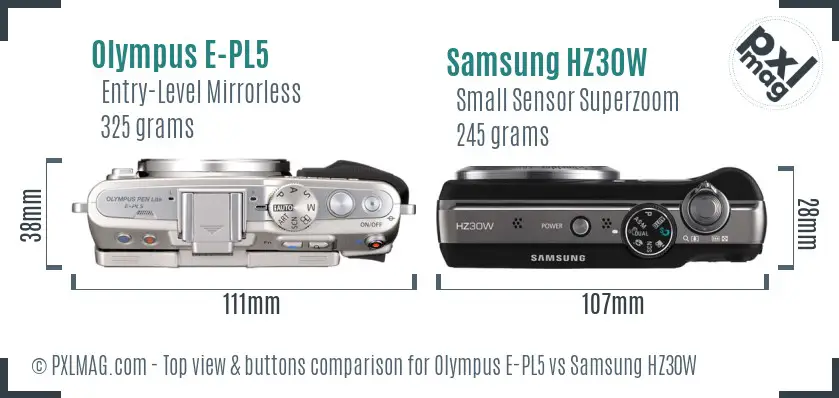 Olympus E-PL5 vs Samsung HZ30W top view buttons comparison