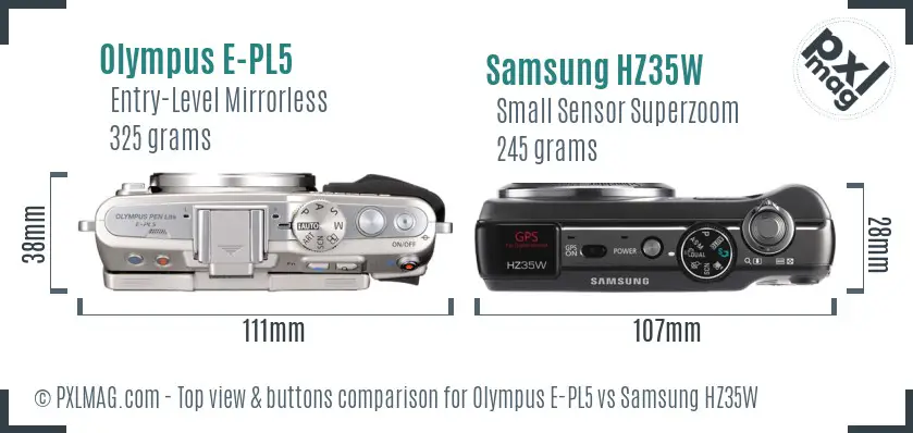 Olympus E-PL5 vs Samsung HZ35W top view buttons comparison