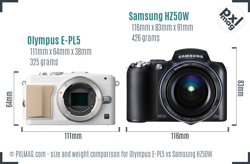Olympus E-PL5 vs Samsung HZ50W size comparison Olympus E-PL5 vs Samsung HZ50W size comparison