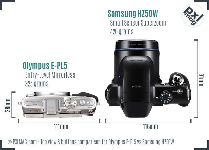 Olympus E-PL5 vs Samsung HZ50W top view buttons comparison