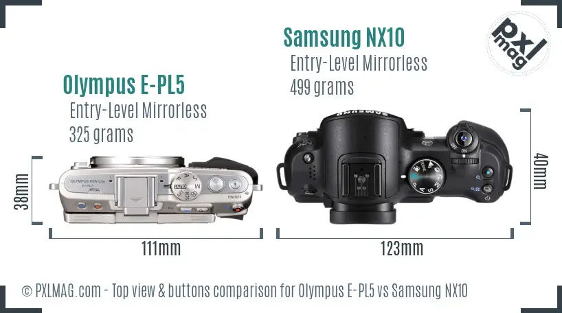 Olympus E-PL5 vs Samsung NX10 top view buttons comparison