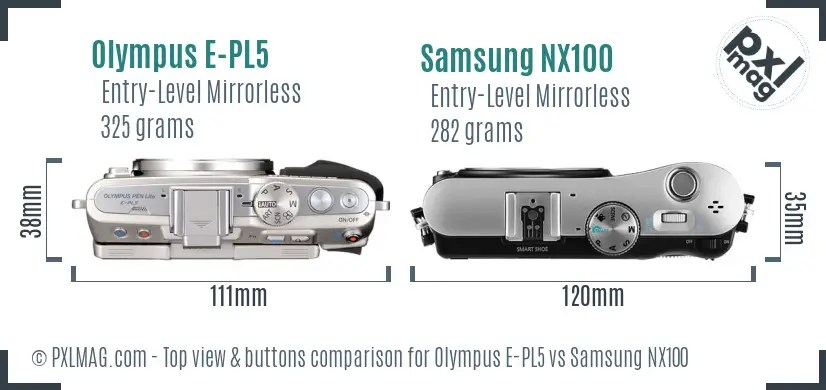 Olympus E-PL5 vs Samsung NX100 top view buttons comparison