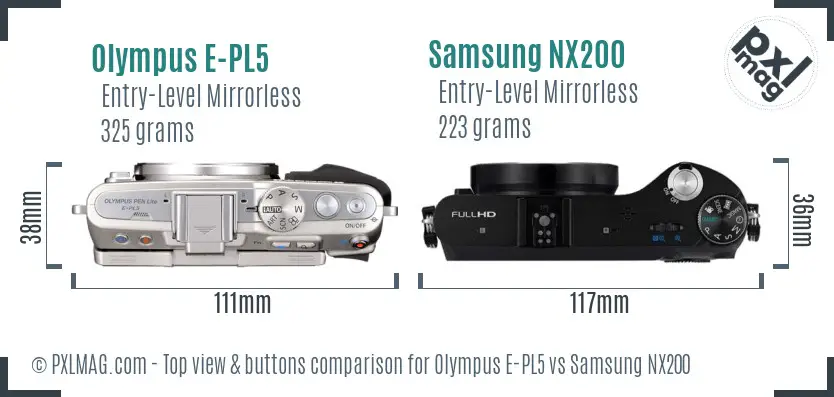 Olympus E-PL5 vs Samsung NX200 top view buttons comparison