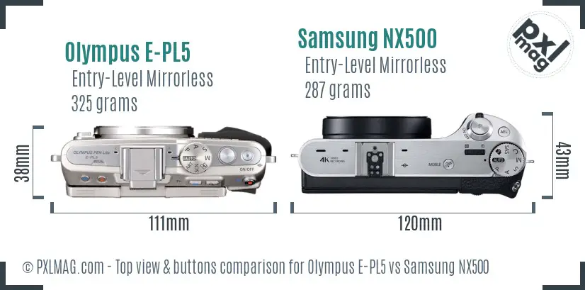 Olympus E-PL5 vs Samsung NX500 top view buttons comparison