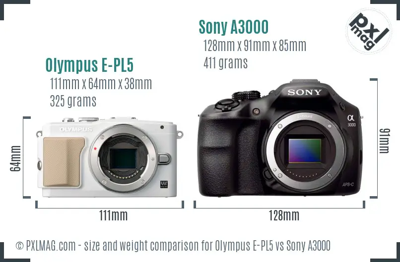 Olympus E-PL5 vs Sony A3000 size comparison
