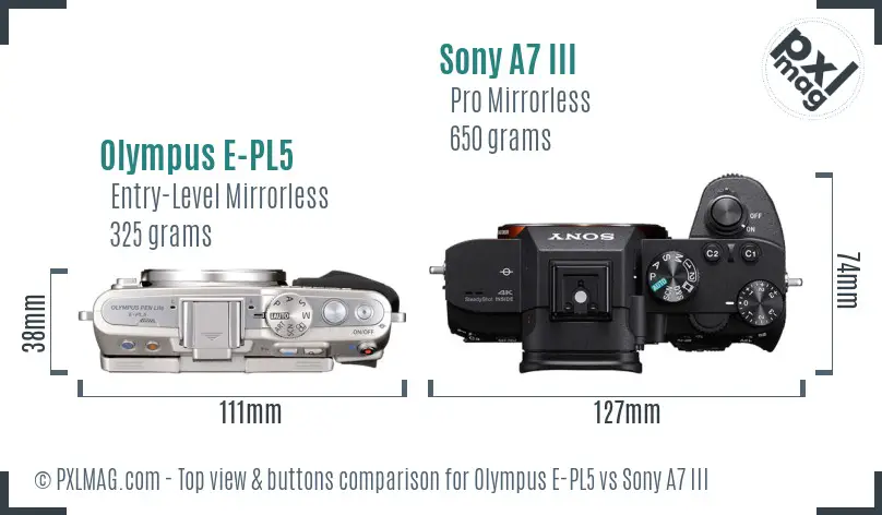 Olympus E-PL5 vs Sony A7 III top view buttons comparison