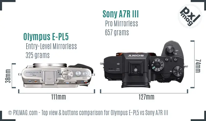 Olympus E-PL5 vs Sony A7R III top view buttons comparison