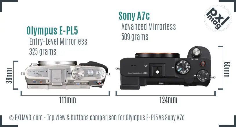 Olympus E-PL5 vs Sony A7c top view buttons comparison