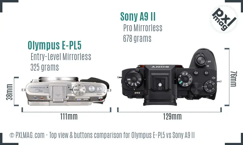 Olympus E-PL5 vs Sony A9 II top view buttons comparison