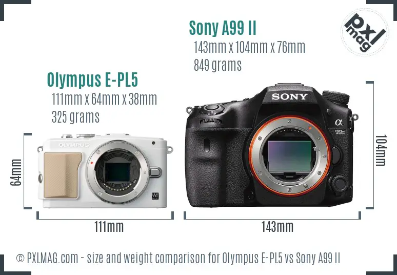 Olympus E-PL5 vs Sony A99 II size comparison