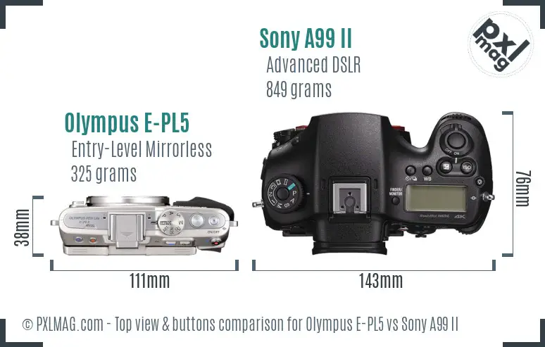 Olympus E-PL5 vs Sony A99 II top view buttons comparison