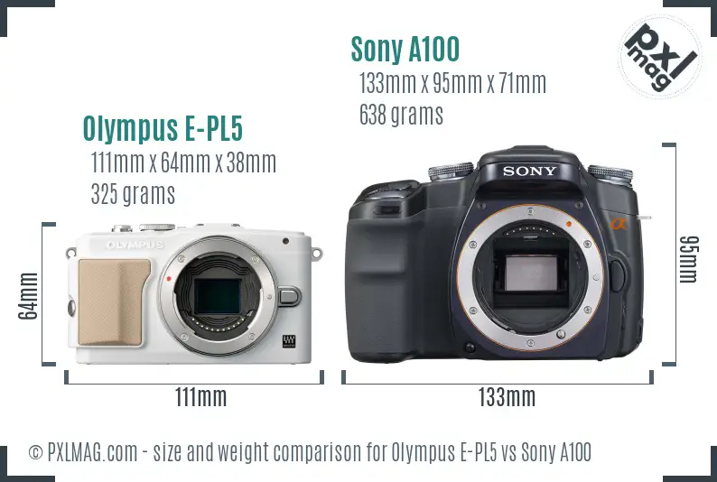 Olympus E-PL5 vs Sony A100 size comparison