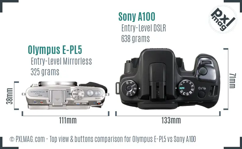 Olympus E-PL5 vs Sony A100 top view buttons comparison
