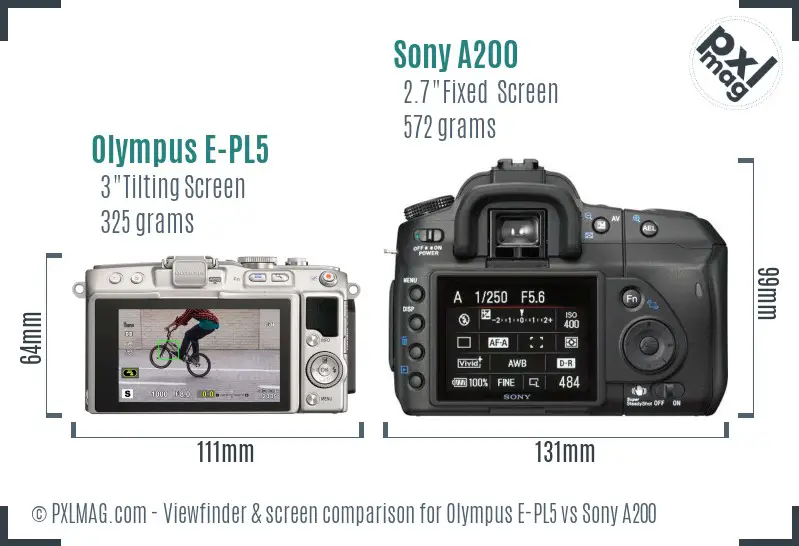 Olympus E-PL5 vs Sony A200 Screen and Viewfinder comparison
