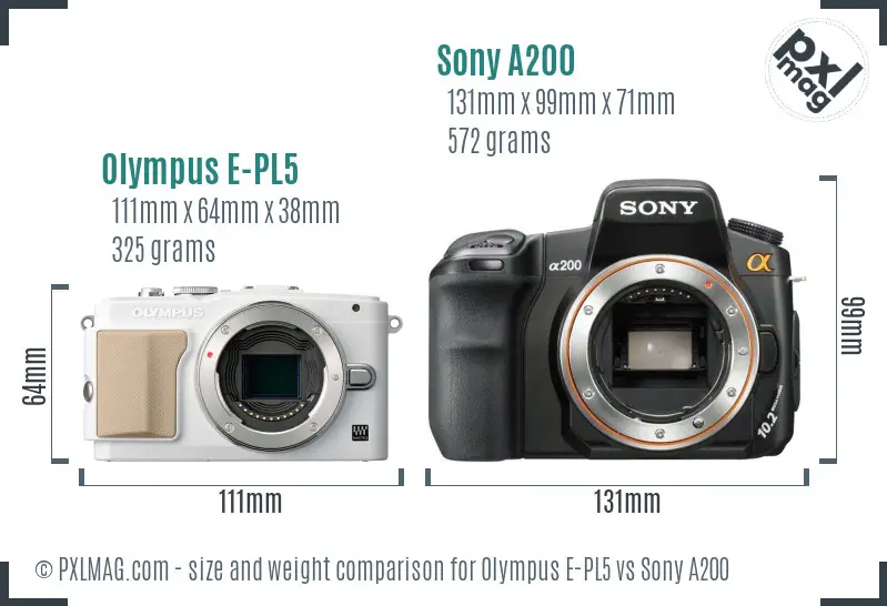 Olympus E-PL5 vs Sony A200 size comparison