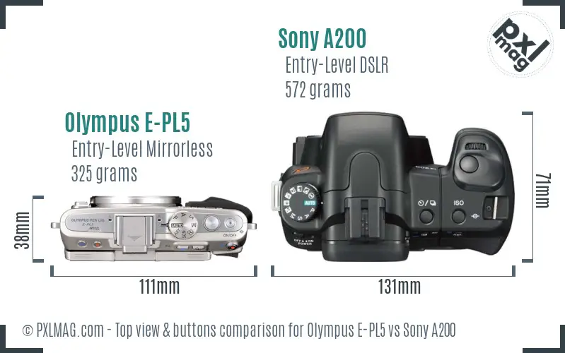 Olympus E-PL5 vs Sony A200 top view buttons comparison