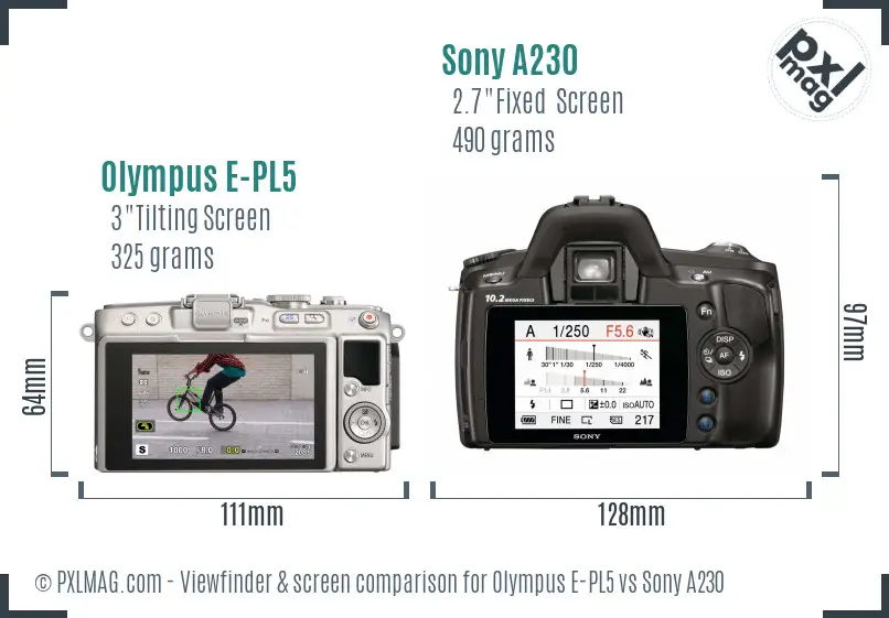 Olympus E-PL5 vs Sony A230 Screen and Viewfinder comparison