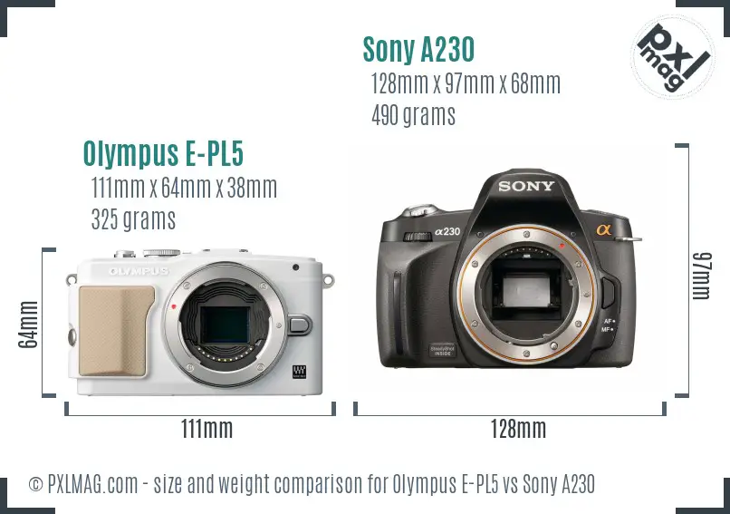 Olympus E-PL5 vs Sony A230 size comparison