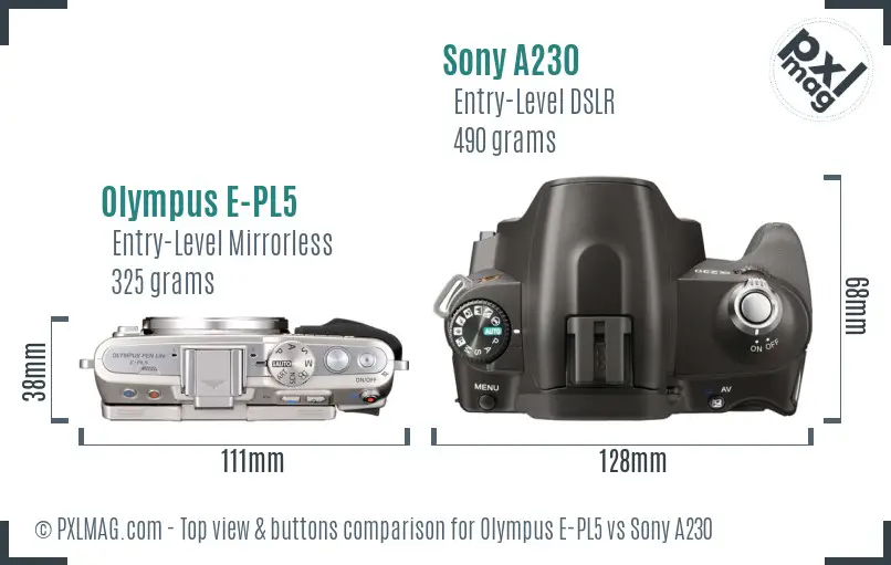 Olympus E-PL5 vs Sony A230 top view buttons comparison