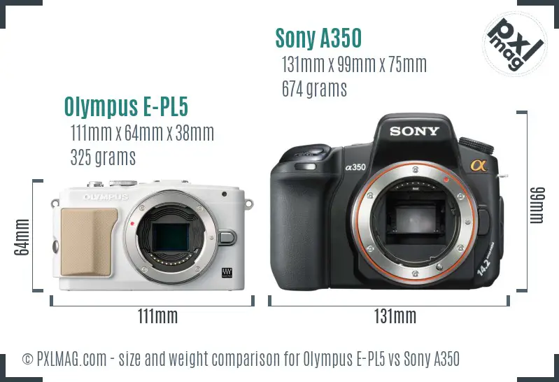 Olympus E-PL5 vs Sony A350 size comparison