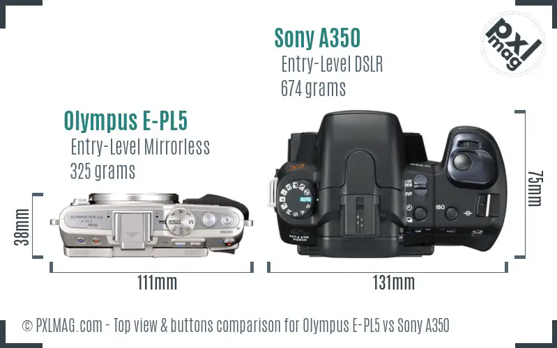 Olympus E-PL5 vs Sony A350 top view buttons comparison