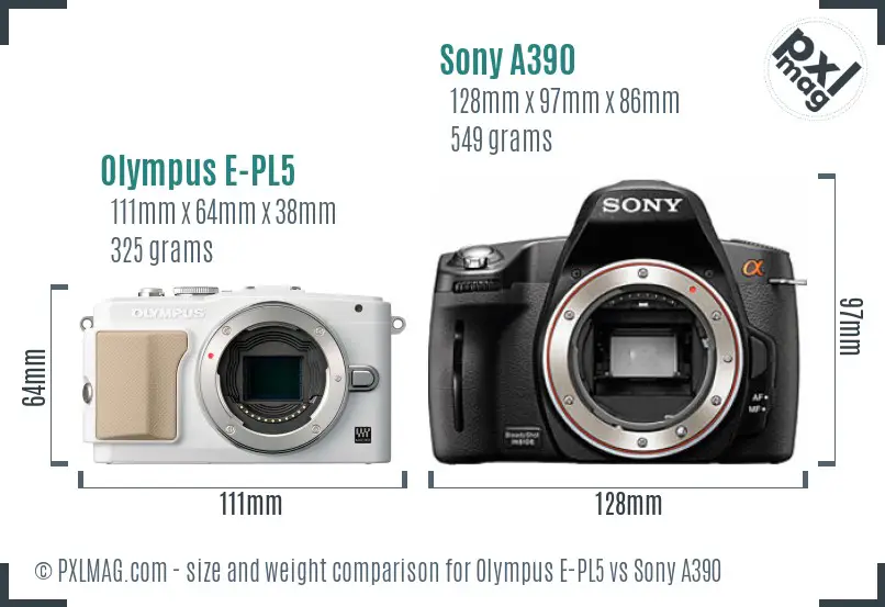 Olympus E-PL5 vs Sony A390 size comparison