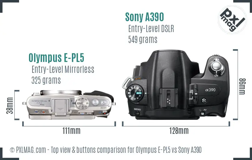 Olympus E-PL5 vs Sony A390 top view buttons comparison