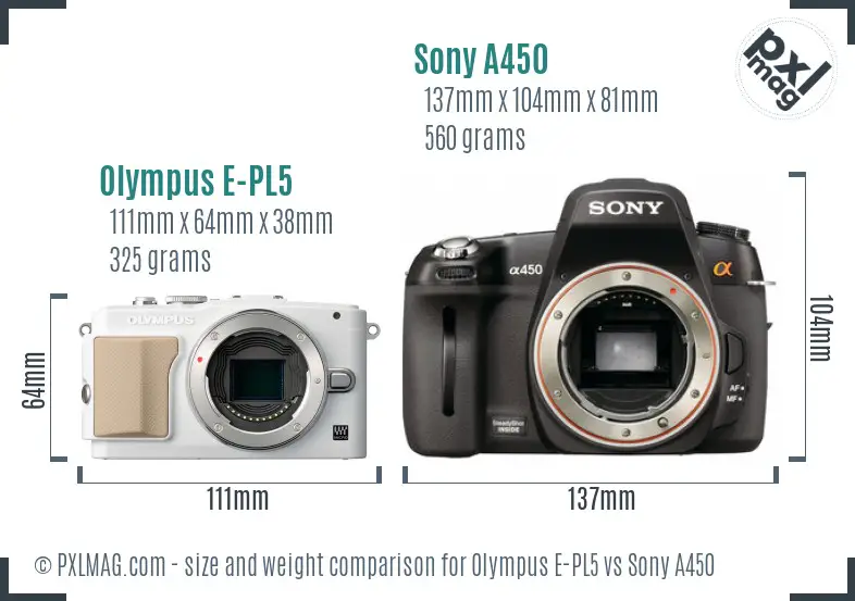 Olympus E-PL5 vs Sony A450 size comparison