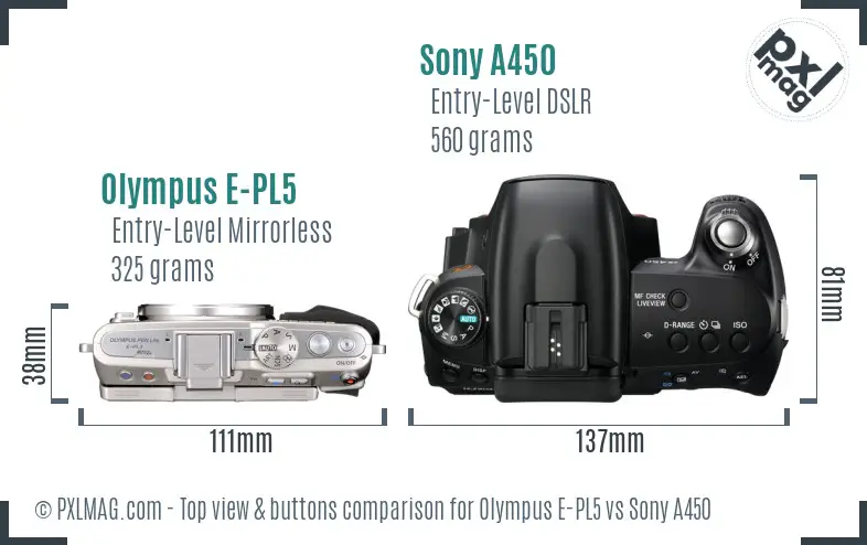 Olympus E-PL5 vs Sony A450 top view buttons comparison
