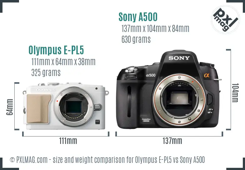 Olympus E-PL5 vs Sony A500 size comparison