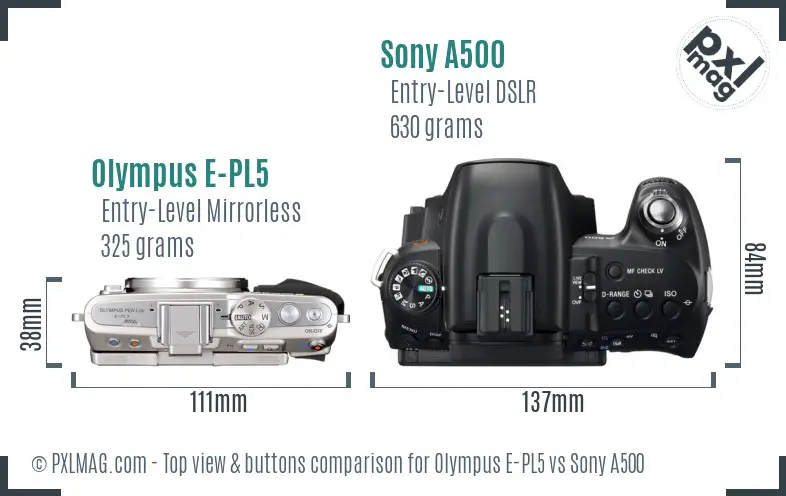 Olympus E-PL5 vs Sony A500 top view buttons comparison