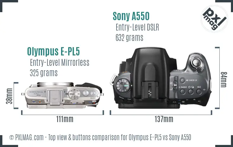 Olympus E-PL5 vs Sony A550 top view buttons comparison