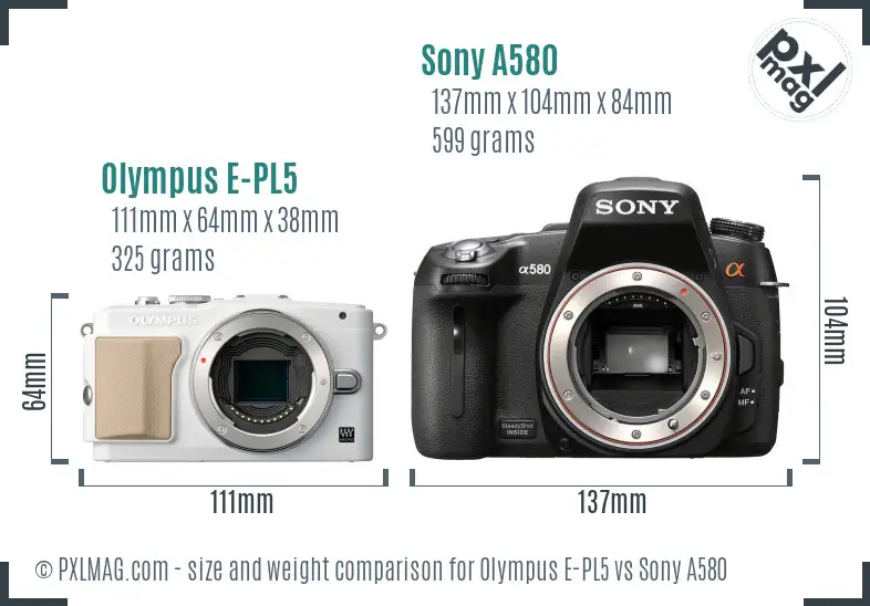 Olympus E-PL5 vs Sony A580 size comparison