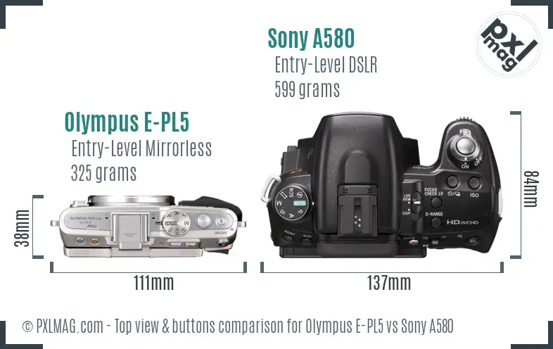 Olympus E-PL5 vs Sony A580 top view buttons comparison