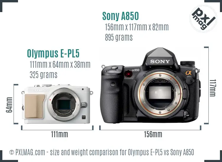 Olympus E-PL5 vs Sony A850 size comparison