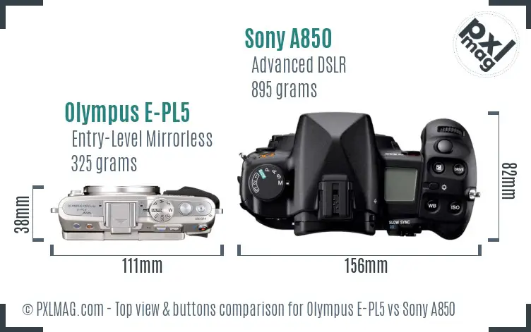 Olympus E-PL5 vs Sony A850 top view buttons comparison