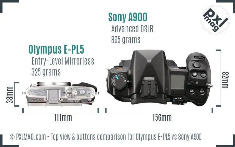 Olympus E-PL5 vs Sony A900 top view buttons comparison Olympus E-PL5 vs Sony A900 top view buttons comparison