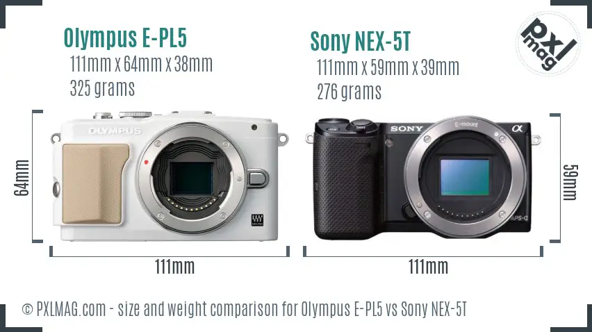 Olympus E-PL5 vs Sony NEX-5T size comparison