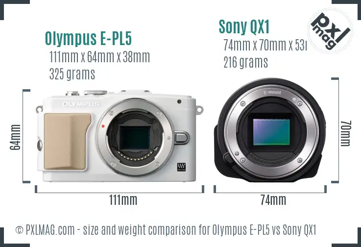 Olympus E-PL5 vs Sony QX1 size comparison