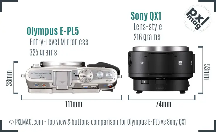 Olympus E-PL5 vs Sony QX1 top view buttons comparison