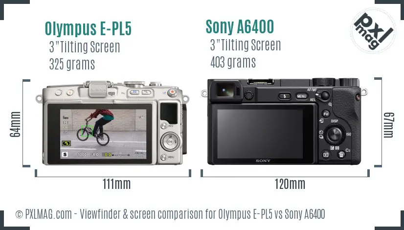 Olympus E-PL5 vs Sony A6400 Screen and Viewfinder comparison